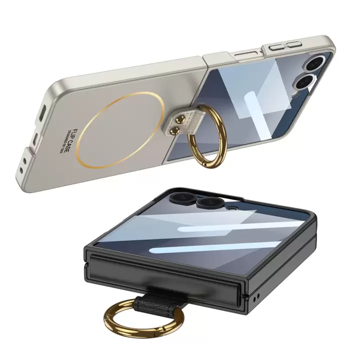 Samsung Galaxy Z Flip 7 Kılıf Magsafe Şarj Özellikli Lopard Kıpta Yüzüklü Flip Sert Kapak