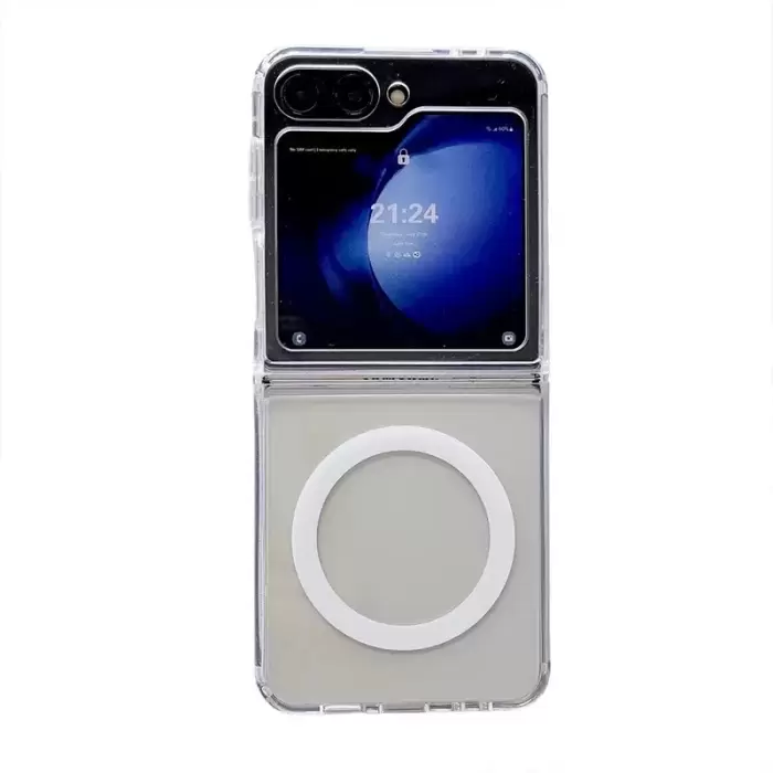 Samsung Galaxy Z Flip 7 Kılıf Magsafe Şarj Özellikli Şeffaf Sert Pc Lopard Embos Kapak