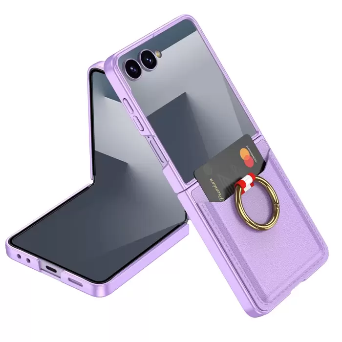 Samsung Galaxy Z Flip 7 Kılıf Yüzüklü Kartlıklı Kapak Kıpta - Şık Koruma, Kredi Kart Yuvası, Stand Özelliği