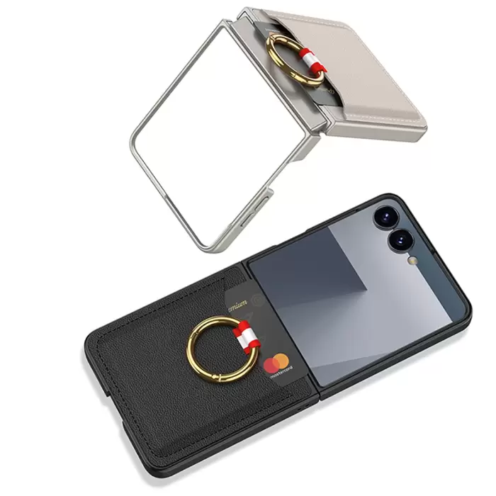 Samsung Galaxy Z Flip 7 Kılıf Yüzüklü Kartlıklı Kapak Kıpta - Şık Koruma, Kredi Kart Yuvası, Stand Özelliği