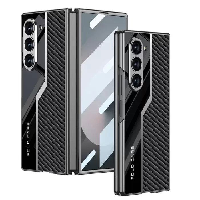 Samsung Galaxy Z Fold 6 Kılıf Ultra İnce Kamera Korumalı PC + Karbon Fiber Tasarımlı Arka Yüzey  Kıpta Poligan Kapak