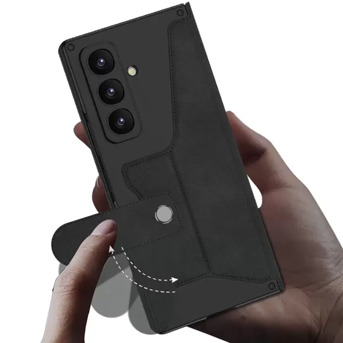 Samsung Galaxy Z Fold 7 Kılıf Kamera Korumalı Kadife Tasarımlı Lopard Kıpta Kalem Bölmeli Fest Kapak