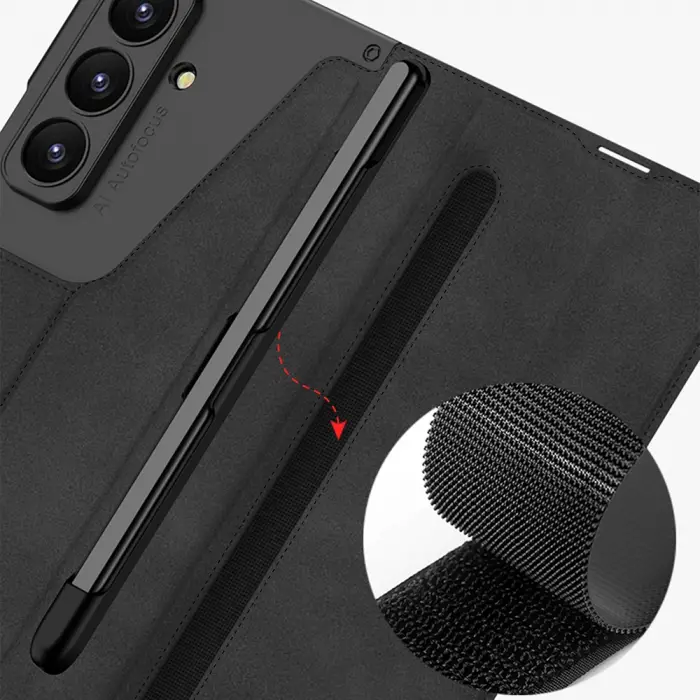 Samsung Galaxy Z Fold 7 Kılıf Kamera Korumalı Kadife Tasarımlı Lopard Kıpta Kalem Bölmeli Fest Kapak