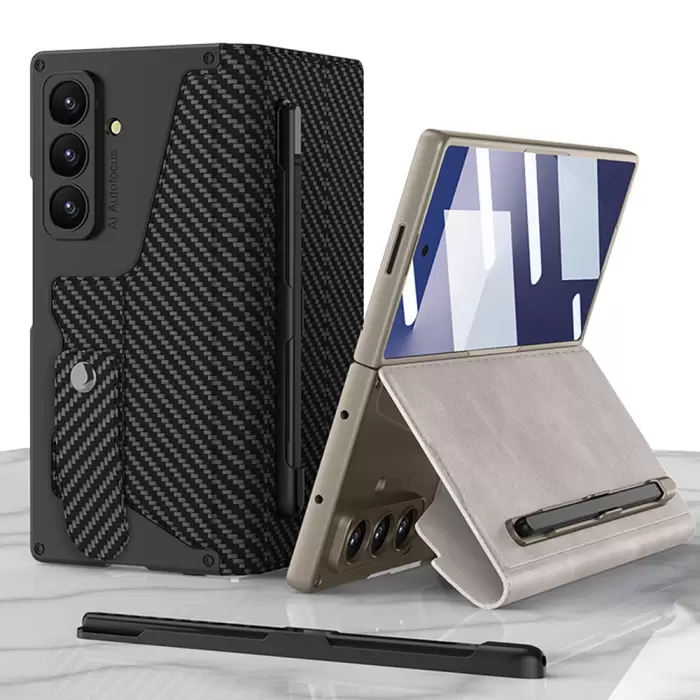 Samsung Galaxy Z Fold 7 Kılıf Kamera Korumalı Kadife Tasarımlı Lopard Kıpta Kalem Bölmeli Fest Kapak