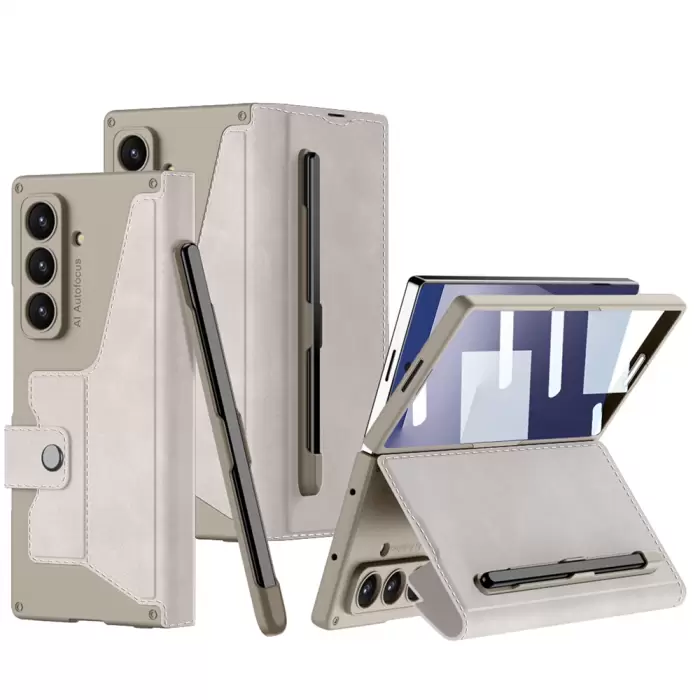 Samsung Galaxy Z Fold 7 Kılıf Kamera Korumalı Kadife Tasarımlı Lopard Kıpta Kalem Bölmeli Fest Kapak