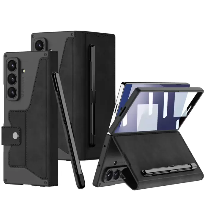 Samsung Galaxy Z Fold 7 Kılıf Kamera Korumalı Kadife Tasarımlı Lopard Kıpta Kalem Bölmeli Fest Kapak