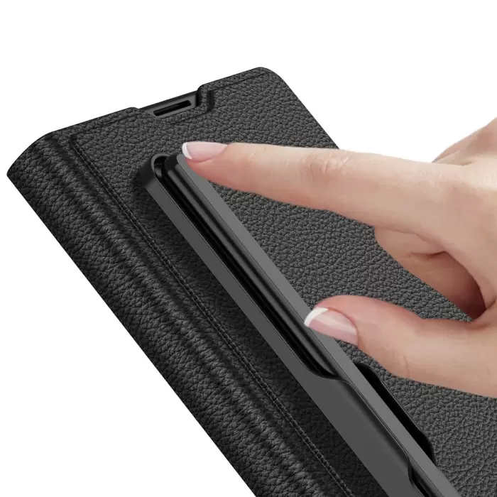 Samsung Galaxy Z Fold 7 Suni Deri Tasarımlı Kalem Bölmeli Lopard Kıpta Kartlıklı Standlı Kapak
