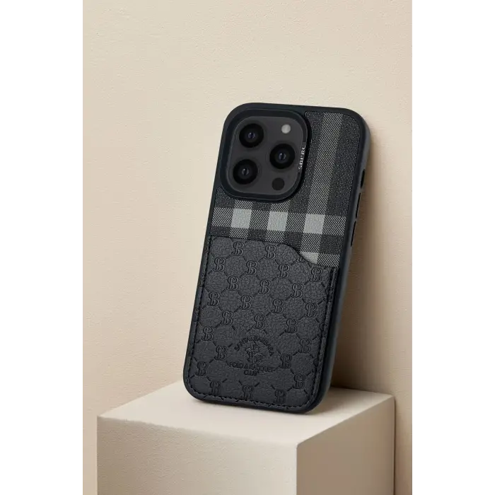 Santa Barbara Polo Racquet Club İphone 13 Pro Max Plaid Kartvizitli Kapak - Siyah