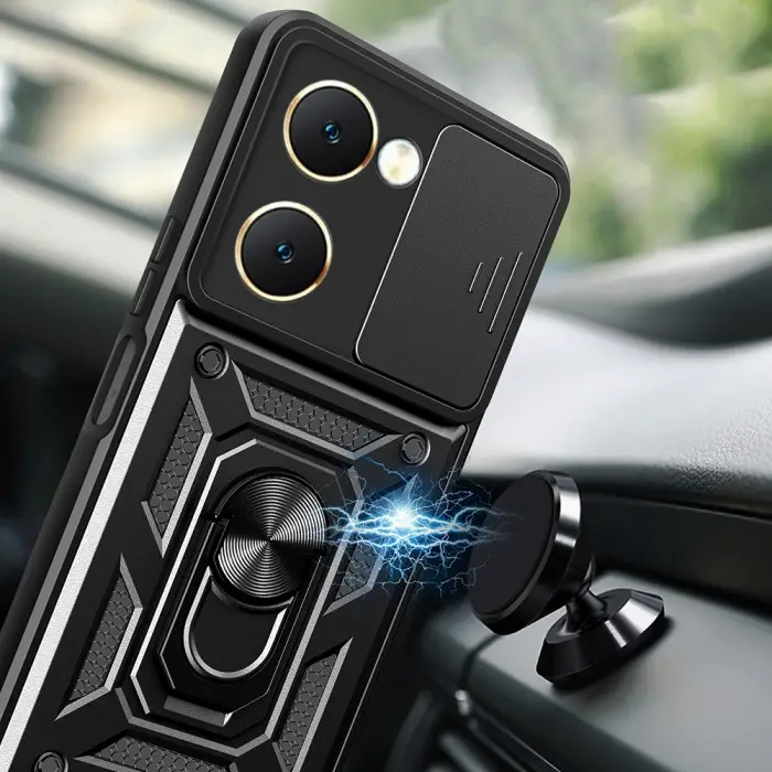 Vivo Y18 Kılıf Magnetik Standlı Kamera Korumalı Lopard Sürgülü Kamera Korumalı Yüzüklü Tasarım Armor Vega