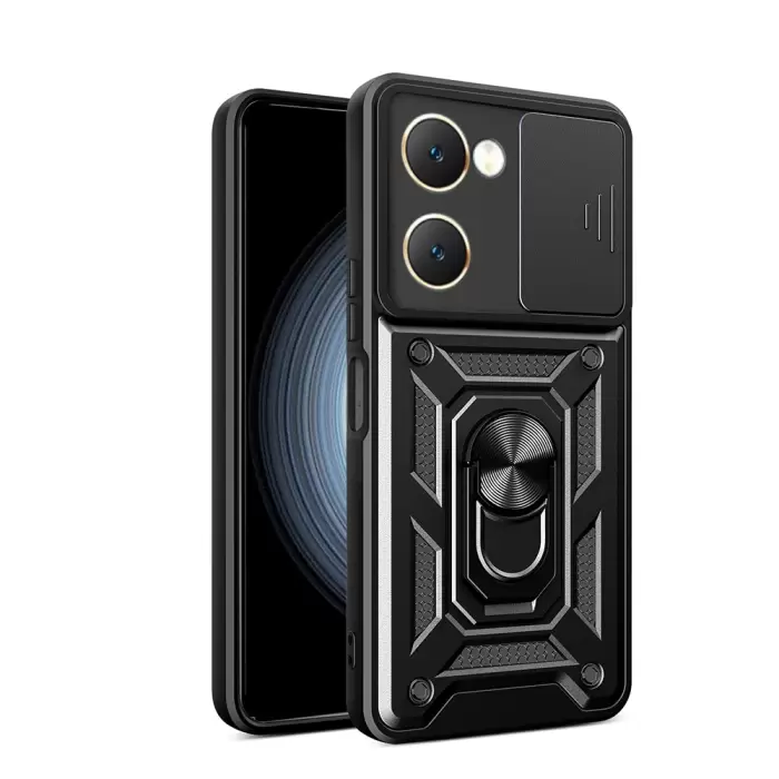 Vivo Y18 Kılıf Magnetik Standlı Kamera Korumalı Lopard Sürgülü Kamera Korumalı Yüzüklü Tasarım Armor Vega
