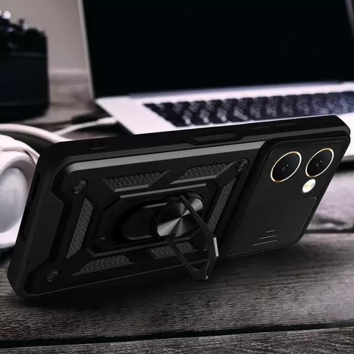 Vivo Y18 Kılıf Magnetik Standlı Kamera Korumalı Lopard Sürgülü Kamera Korumalı Yüzüklü Tasarım Armor Vega