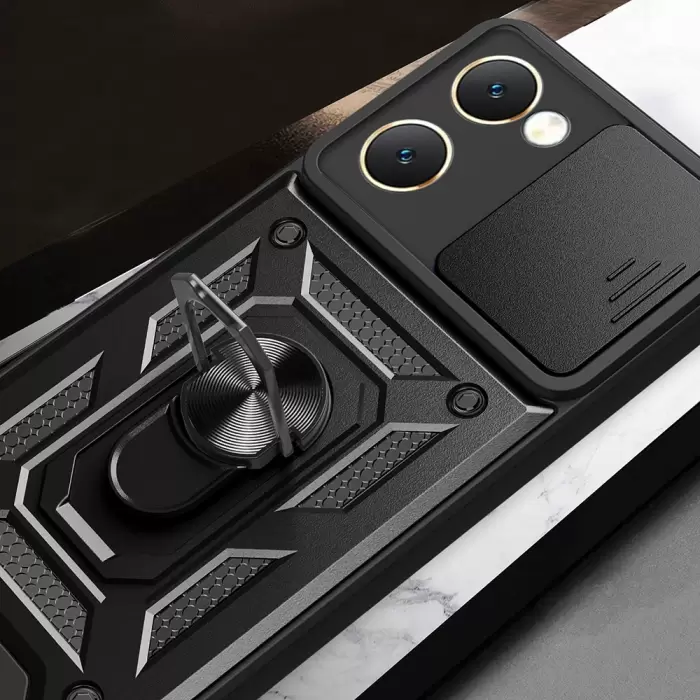Vivo Y18 Kılıf Magnetik Standlı Kamera Korumalı Lopard Sürgülü Kamera Korumalı Yüzüklü Tasarım Armor Vega