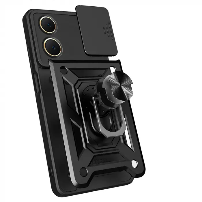 Vivo Y18 Kılıf Magnetik Standlı Kamera Korumalı Lopard Sürgülü Kamera Korumalı Yüzüklü Tasarım Armor Vega