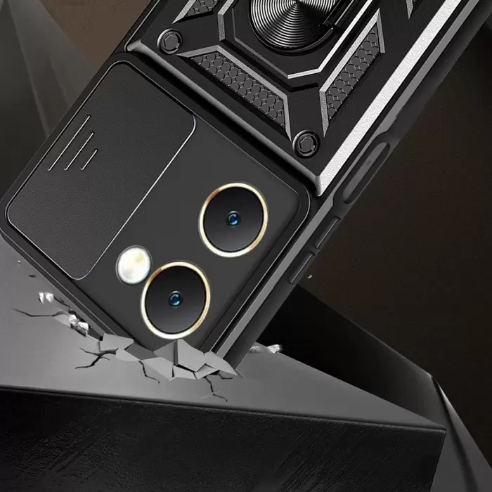 Vivo Y18 Kılıf Magnetik Standlı Kamera Korumalı Lopard Sürgülü Kamera Korumalı Yüzüklü Tasarım Armor Vega