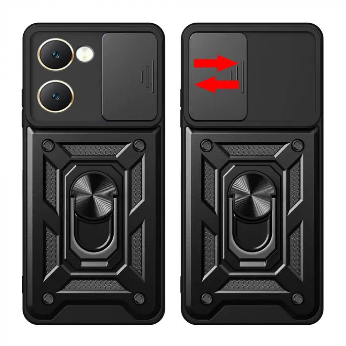 Vivo Y18 Kılıf Magnetik Standlı Kamera Korumalı Lopard Sürgülü Kamera Korumalı Yüzüklü Tasarım Armor Vega