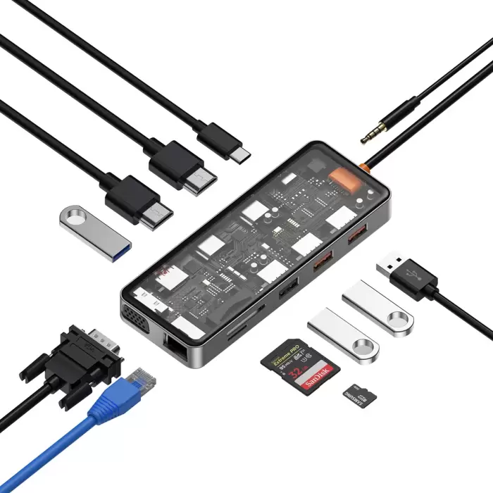 Wiwu Cb012 Cyber 12 İn 1 Type-c Hub 100w Şarj Destekli Şeffaf Görünümlü Sd Kart-rj45-hdmi-vga-usb Çoğaltıcı