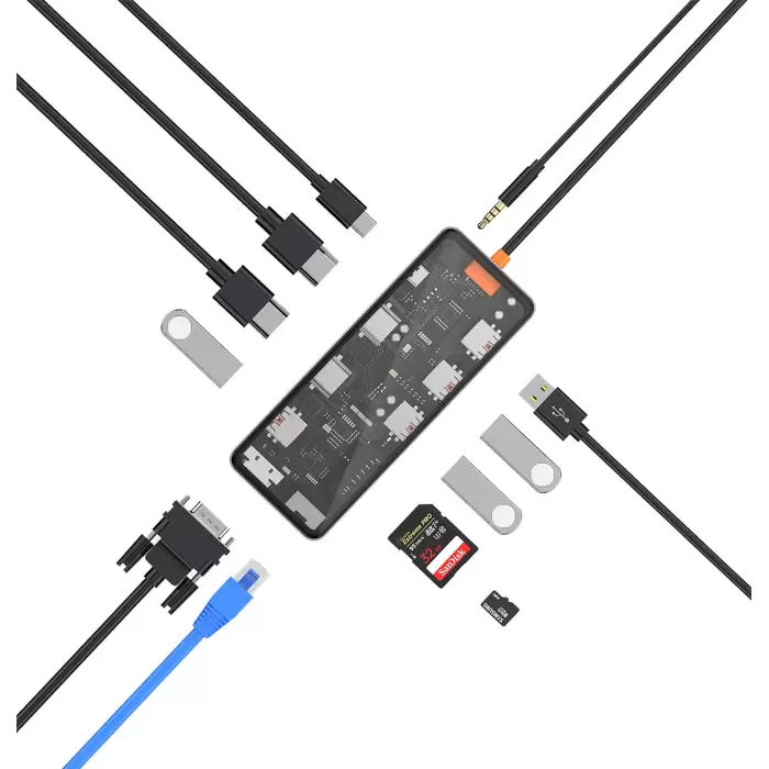 Wiwu Cb012 Cyber 12 İn 1 Type-c Hub 100w Şarj Destekli Şeffaf Görünümlü Sd Kart-rj45-hdmi-vga-usb Çoğaltıcı