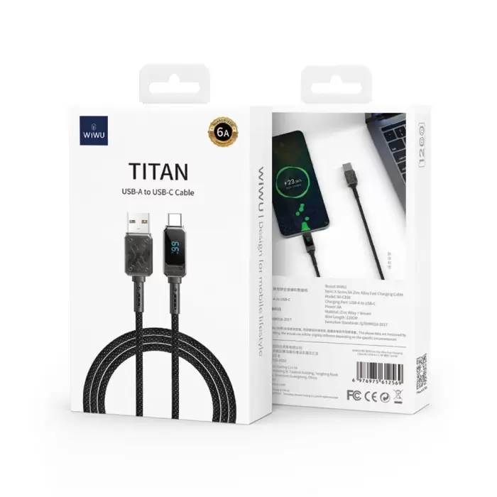 Wiwu Wi-c038 Titan Series Usb-a To Type-c 6a 66w Led Dijital Göstergeli Şarj Ve Data Kablosu 1.2m