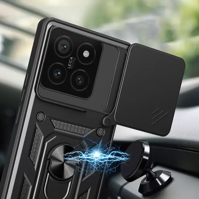 Xiaomi 14t Pro Kılıf Magnetik Standlı Kamera Korumalı Lopard Sürgülü Kamera Korumalı Yüzüklü Tasarım Armor Vega