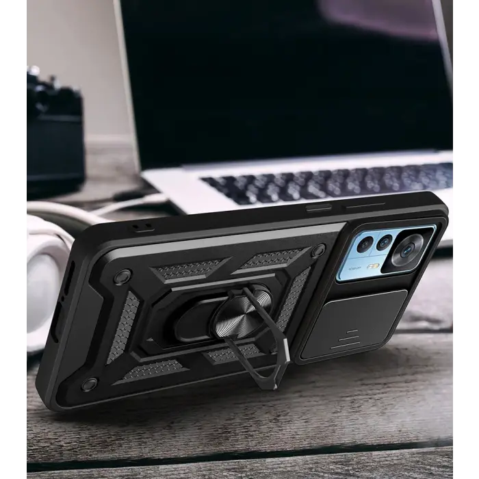 Xiaomi Mi 12t Kılıf Magnetik Standlı Kamera Korumalı Lopard Sürgülü Kamera Korumalı Yüzüklü Tasarım Armor Vega