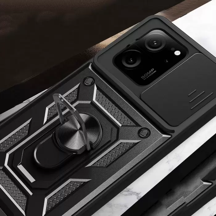 Xiaomi Mi 13T Kılıf Magnetik Standlı Kamera Korumalı  Sürgülü Kamera Korumalı Sürgülü Yüzüklü Tasarım Armor Vega