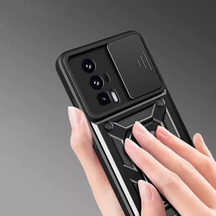 Xiaomi Poco F5 Pro Kılıf Magnetik Standlı Kamera Korumalı  Sürgülü Kamera Korumalı Sürgülü Yüzüklü Tasarım Armor Vega