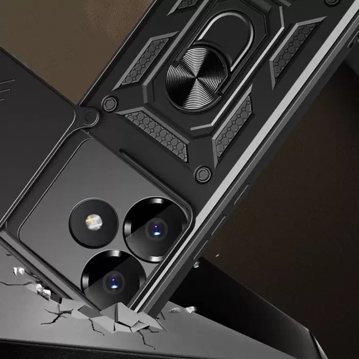 Xiaomi Poco F6 Kılıf Magnetik Standlı Kamera Korumalı Lopard Sürgülü Kamera Korumalı Yüzüklü Tasarım Armor Vega