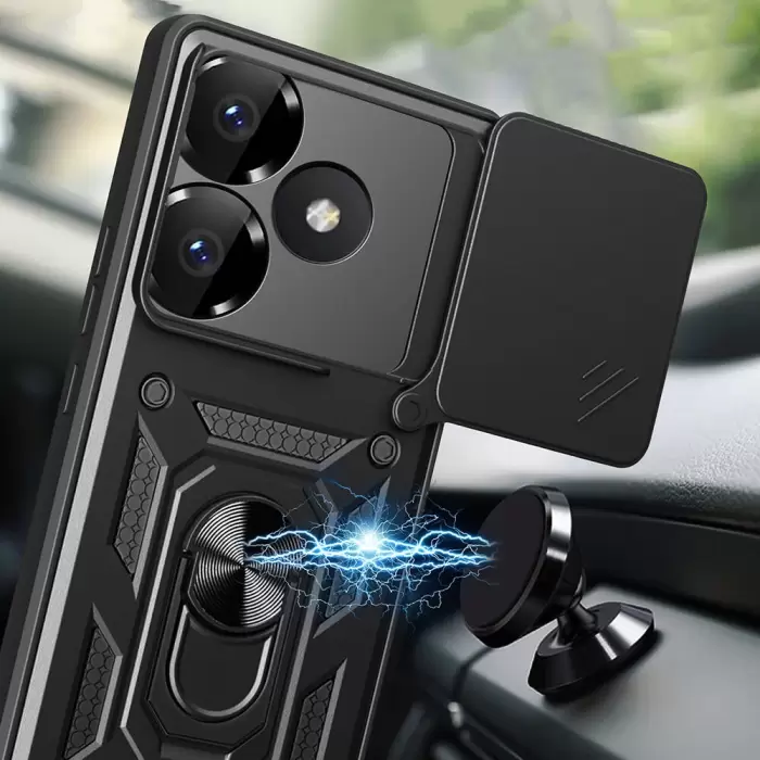 Xiaomi Poco F6 Kılıf Magnetik Standlı Kamera Korumalı Lopard Sürgülü Kamera Korumalı Yüzüklü Tasarım Armor Vega