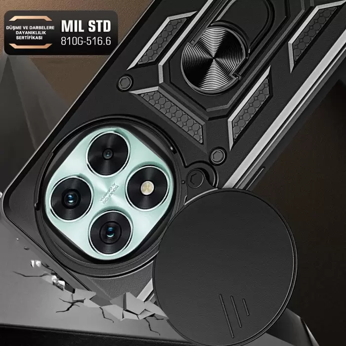 Xiaomi Poco X7 Kılıf Magnetik Standlı Kamera Korumalı Lopard Sürgülü Kamera Korumalı Yüzüklü Tasarım Armor Vega