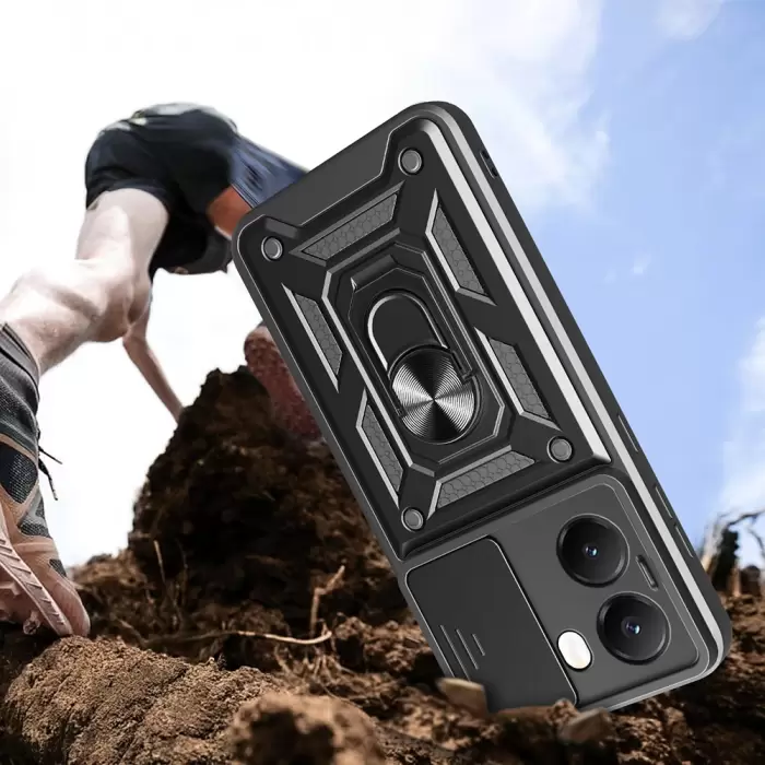 Xiaomi Poco X7 Pro Kılıf Magnetik Standlı Kamera Korumalı Lopard Sürgülü Kamera Korumalı Yüzüklü Tasarım Armor Vega