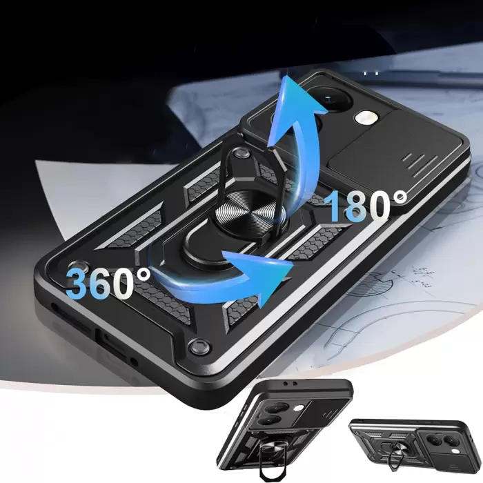 Xiaomi Poco X7 Pro Kılıf Magnetik Standlı Kamera Korumalı Lopard Sürgülü Kamera Korumalı Yüzüklü Tasarım Armor Vega