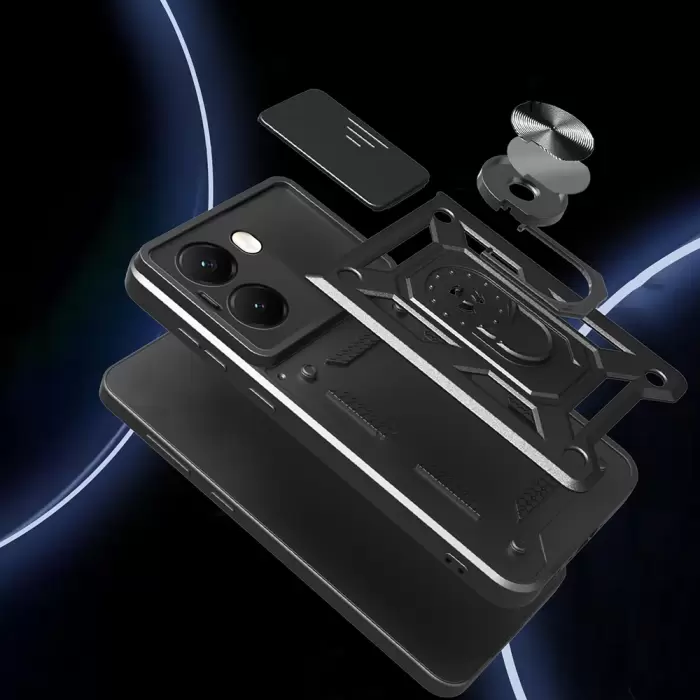 Xiaomi Poco X7 Pro Kılıf Magnetik Standlı Kamera Korumalı Lopard Sürgülü Kamera Korumalı Yüzüklü Tasarım Armor Vega
