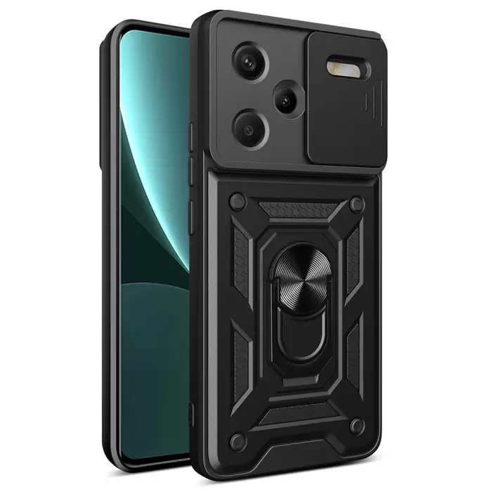 Xiaomi Redmi Note 13 Pro Plus 5g Kılıf Magnetik Standlı Kamera Korumalı Lopard Sürgülü Kamera Korumalı Yüzüklü Tasarım Armor Vega