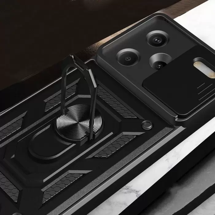 Xiaomi Redmi Note 13 Pro Plus 5g Kılıf Magnetik Standlı Kamera Korumalı Lopard Sürgülü Kamera Korumalı Yüzüklü Tasarım Armor Vega