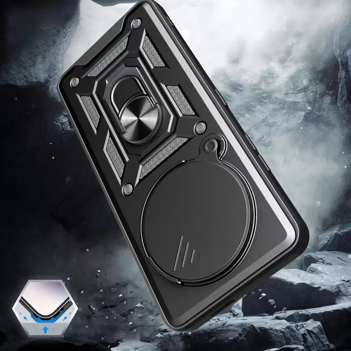 Xiaomi Redmi Note 14 Pro 4g Kılıf Magnetik Standlı Kamera Korumalı Lopard Sürgülü Kamera Korumalı Yüzüklü Tasarım Armor Vega