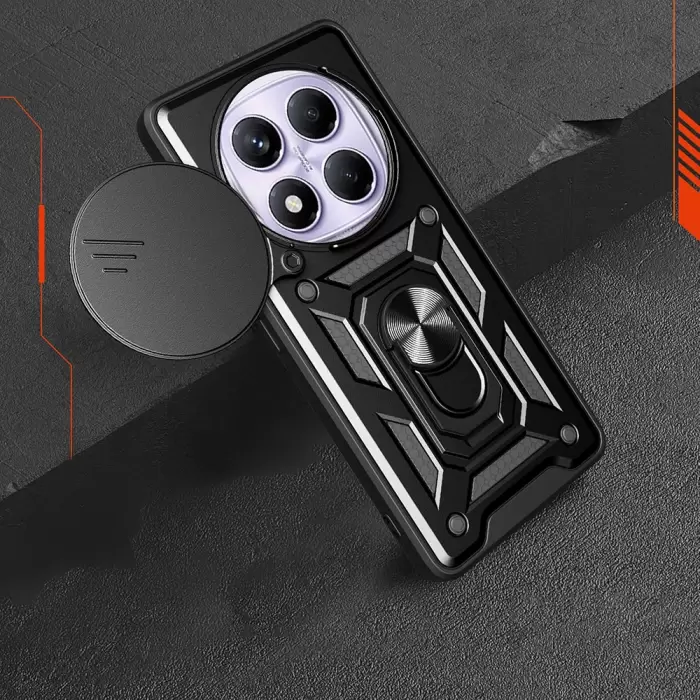 Xiaomi Redmi Note 14 Pro 4g Kılıf Magnetik Standlı Kamera Korumalı Lopard Sürgülü Kamera Korumalı Yüzüklü Tasarım Armor Vega