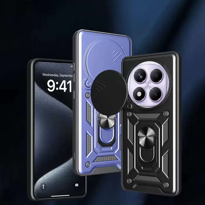 Xiaomi Redmi Note 14 Pro 4g Kılıf Magnetik Standlı Kamera Korumalı Lopard Sürgülü Kamera Korumalı Yüzüklü Tasarım Armor Vega