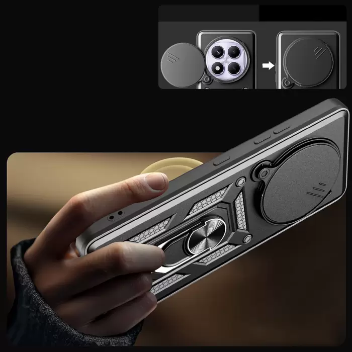 Xiaomi Redmi Note 14 Pro 4g Kılıf Magnetik Standlı Kamera Korumalı Lopard Sürgülü Kamera Korumalı Yüzüklü Tasarım Armor Vega