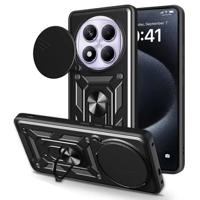 Xiaomi Redmi Note 14 Pro 4g Kılıf Magnetik Standlı Kamera Korumalı Lopard Sürgülü Kamera Korumalı Yüzüklü Tasarım Armor Vega
