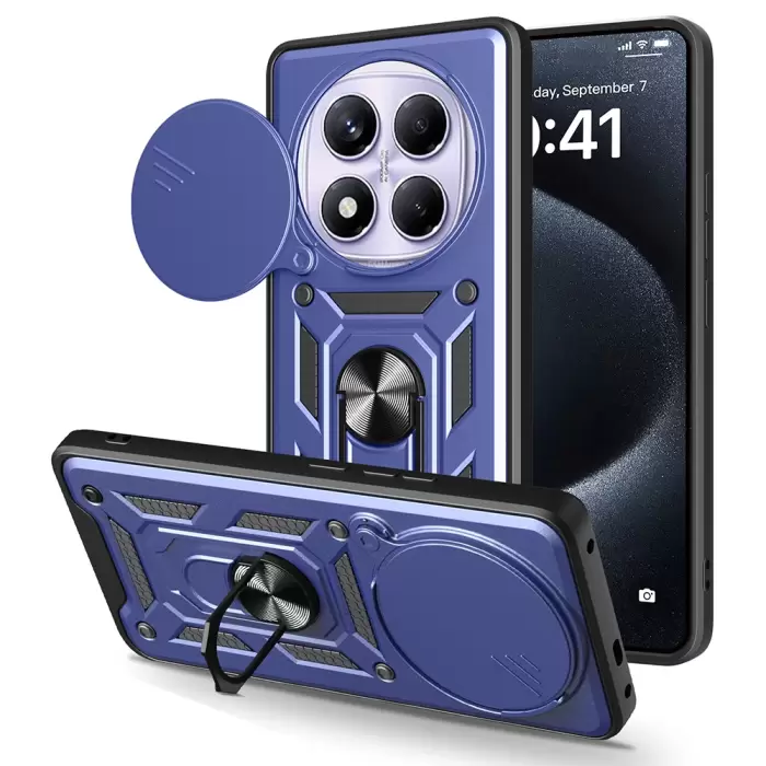 Xiaomi Redmi Note 14 Pro 4g Kılıf Magnetik Standlı Kamera Korumalı Lopard Sürgülü Kamera Korumalı Yüzüklü Tasarım Armor Vega