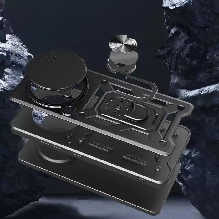 Xiaomi Redmi Note 14 Pro 4g Kılıf Magnetik Standlı Kamera Korumalı Lopard Sürgülü Kamera Korumalı Yüzüklü Tasarım Armor Vega