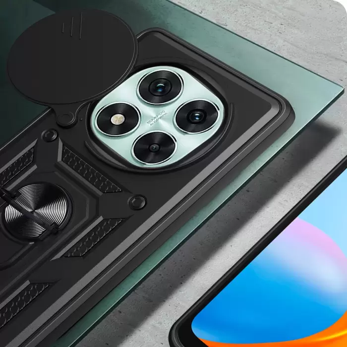 Xiaomi Redmi Note 14 Pro 5g Kılıf Magnetik Standlı Kamera Korumalı Lopard Sürgülü Kamera Korumalı Yüzüklü Tasarım Armor Vega