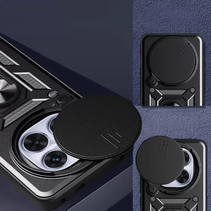 Xiaomi Redmi Note 14 Pro Plus Kılıf Magnetik Standlı Kamera Korumalı Lopard Sürgülü Kamera Korumalı Yüzüklü Tasarım Armor Vega