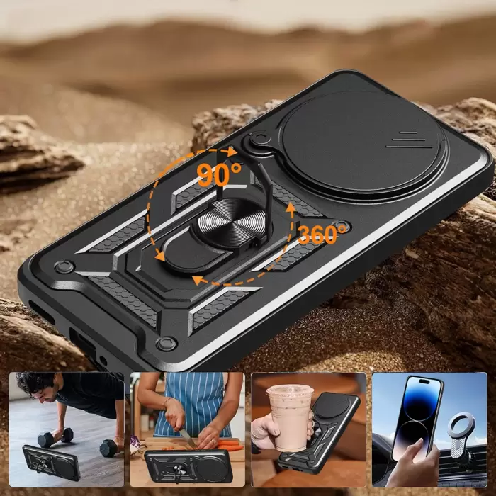 Xiaomi Redmi Note 14 Pro Plus Kılıf Magnetik Standlı Kamera Korumalı Lopard Sürgülü Kamera Korumalı Yüzüklü Tasarım Armor Vega