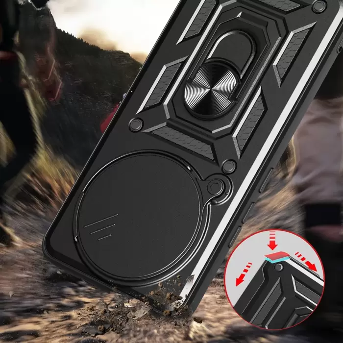 Xiaomi Redmi Note 14 Pro Plus Kılıf Magnetik Standlı Kamera Korumalı Lopard Sürgülü Kamera Korumalı Yüzüklü Tasarım Armor Vega