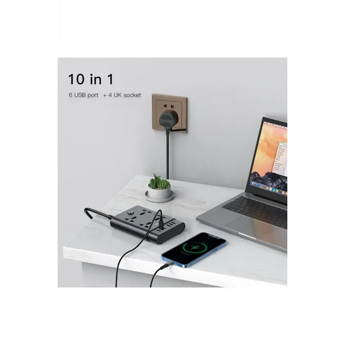 Yesido Mc08 10in1 6 Adet Usb Ve 4 Adet Priz Dönüştürücü 1.8m - Siyah