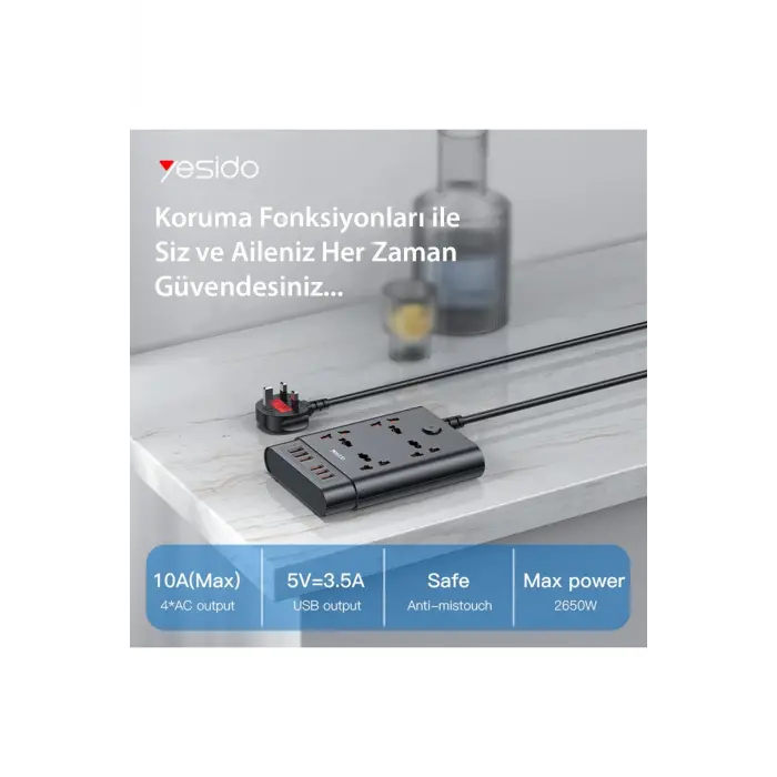 Yesido Mc08 10in1 6 Adet Usb Ve 4 Adet Priz Dönüştürücü 1.8m - Siyah