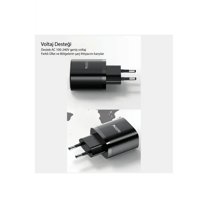 Yesido Yc54 2 Adet 20w Type-c Çıkışlı Ve 1m 27w Type-c To Lightning Kablolu Pd Şarj Cihazı - Siyah