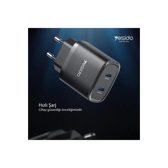 Yesido Yc54 2 Adet 20w Type-c Çıkışlı Ve 1m 27w Type-c To Lightning Kablolu Pd Şarj Cihazı - Siyah