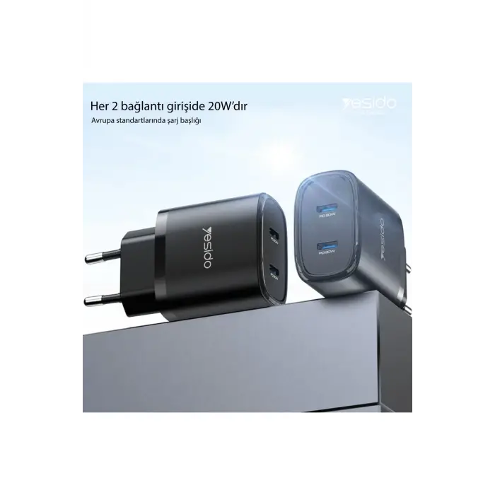 Yesido Yc54 2 Adet 20w Type-c Çıkışlı Ve 1m 27w Type-c To Lightning Kablolu Pd Şarj Cihazı - Siyah